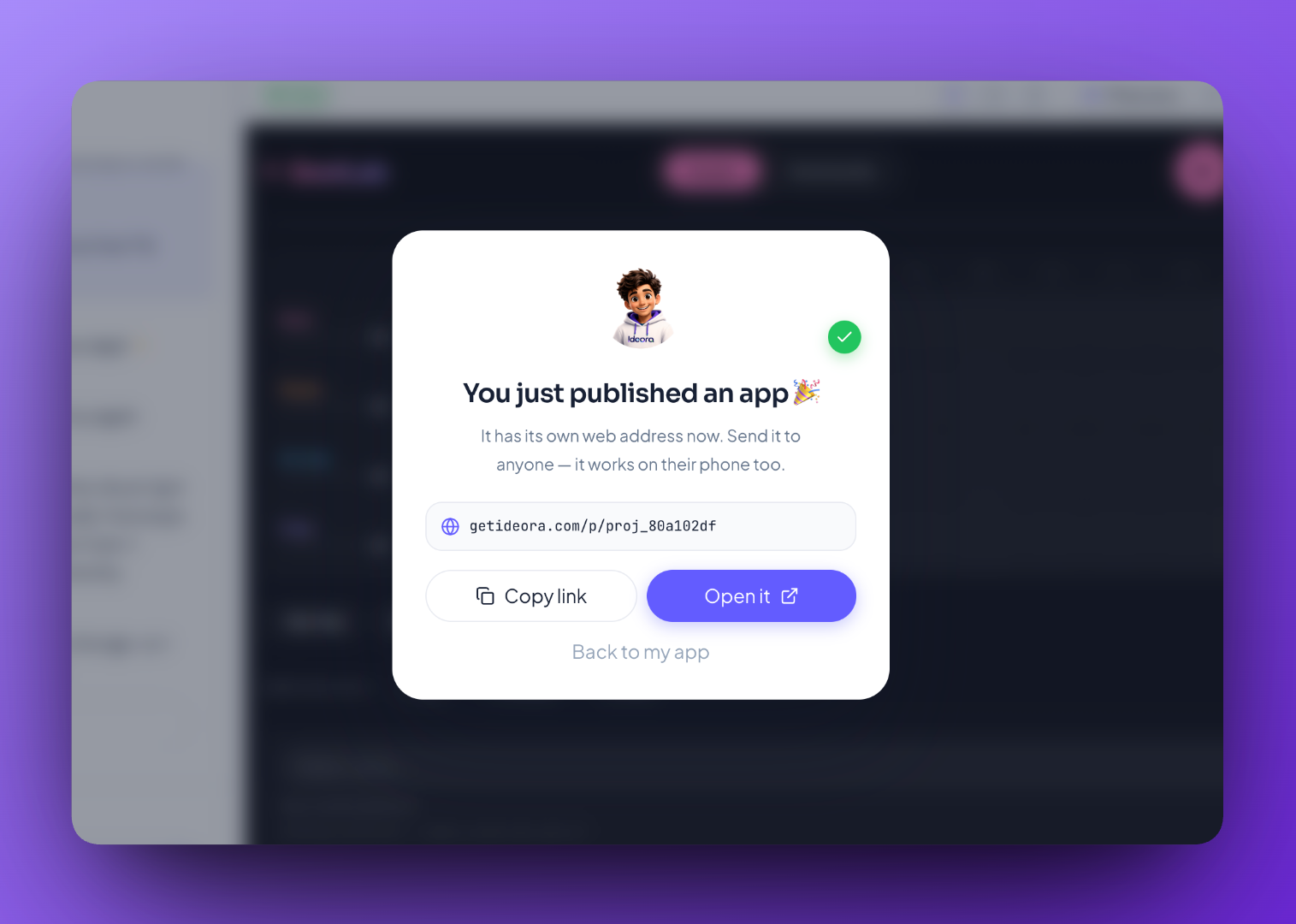 A Published Creation open at its own web address, ready to share