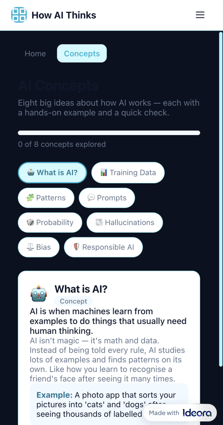 The same Published Creation open in a phone browser